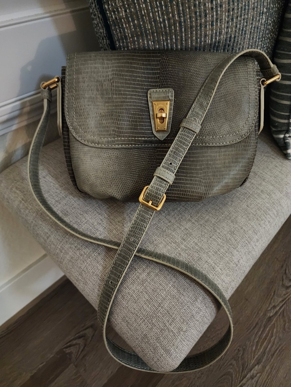 Marc By Marc Jacobs Gray Green Lizard-Texture Crossbody Bag with Gold Hardware